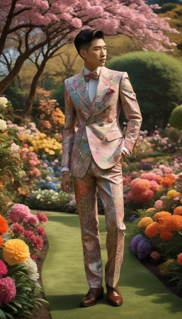 Art Deco Japanese Man in Vibrant Flower Garden Oil Painting