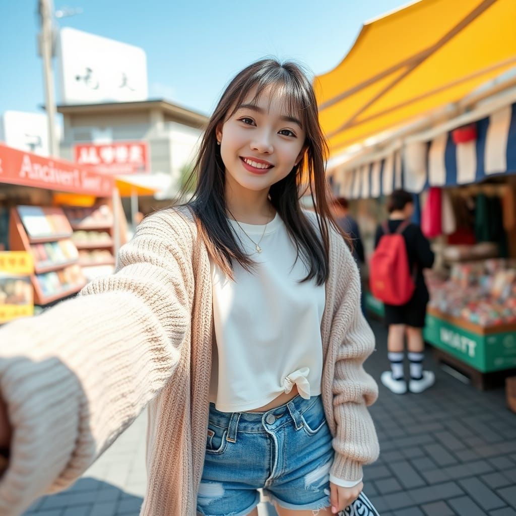 Cheerful Korean Teenager in Trendy Outdoor Market