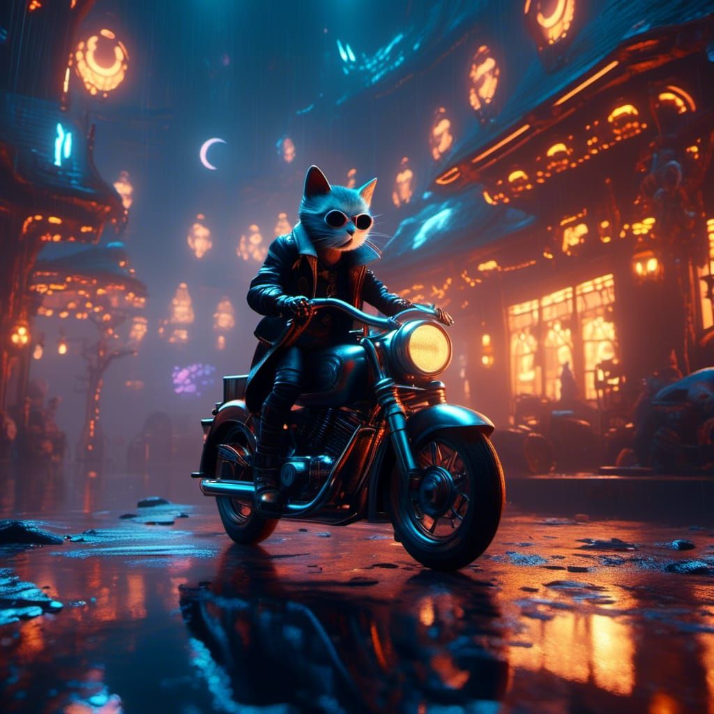 Cyberpunk Witch Cat Flight on Halloween Moon