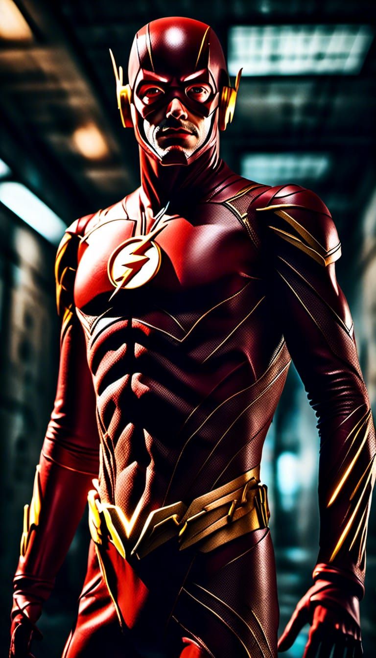 Portrait of DC comics The Flash red and gold full bodysuit costume. <lora:Glowing Runes:1.0> <lora:Thriller Fantasy:1.0>...