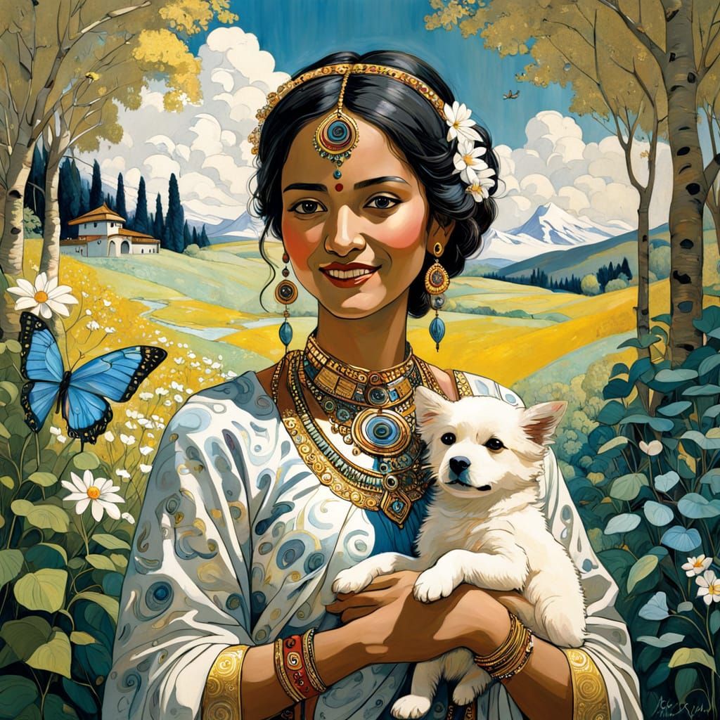 Indian Tribal Woman in Spring Garden with Joyful Dog