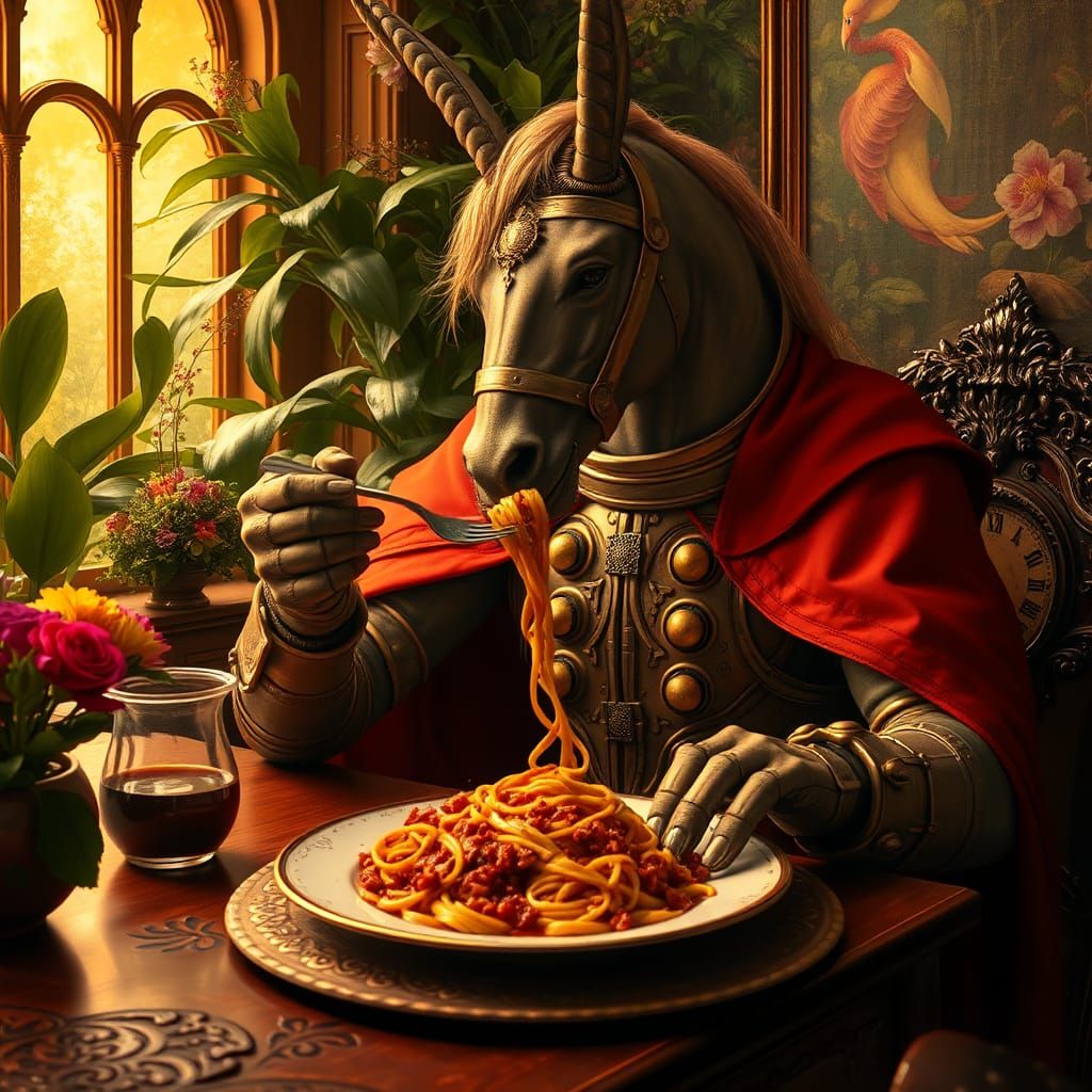 Centaur in Spacesuit Eating Spaghetti: Pre-Raphaelite Style
