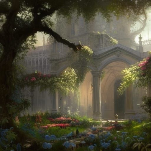 High Gothic Victorian Garden in Sunlight