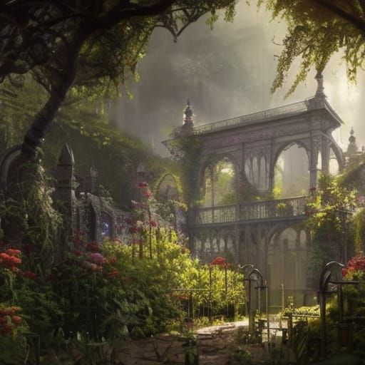 High Gothic Victorian Garden in Sunlight
