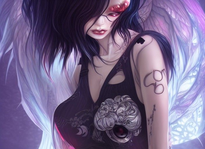 Dark Anime Goth Girl with Watercolor Effects