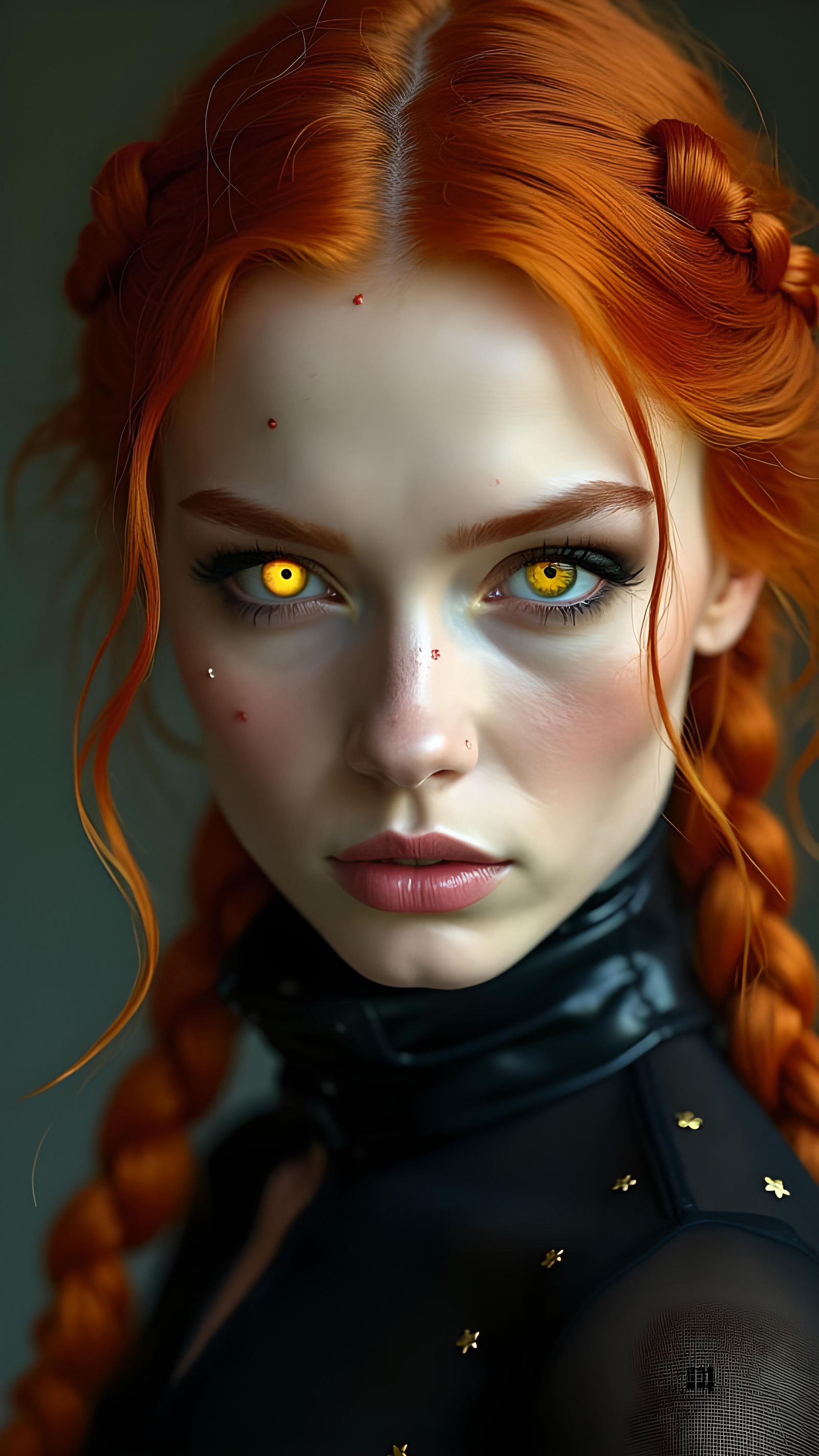 Red-Haired Woman with Yellow Eyes: Hyperrealistic Portrait