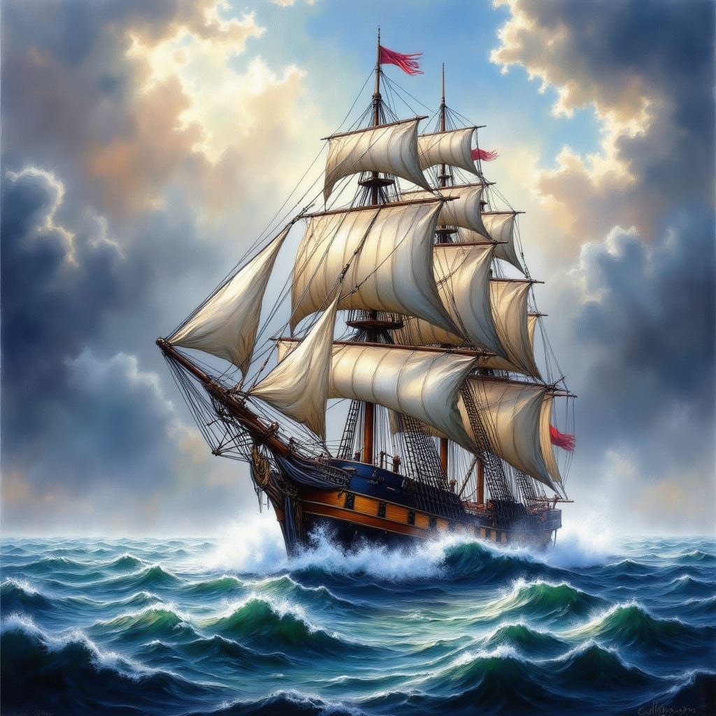 Majestic Sailing Ship on Stormy Seas