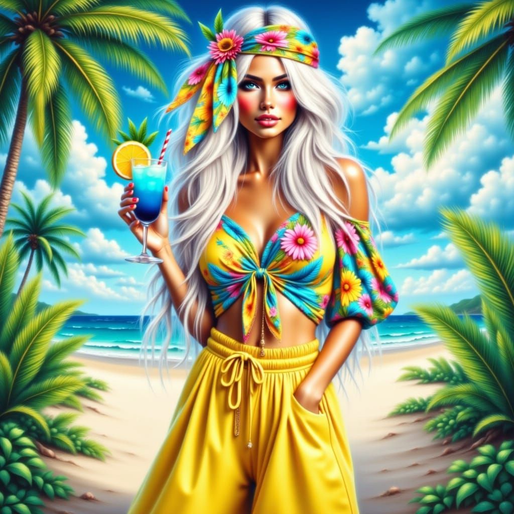 Caribbean Beauty in Oil Painting with Tropical Cocktail