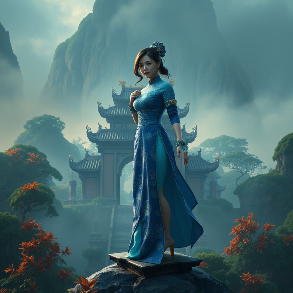 Mystical Temple Queen in Blue Qipao Radiates Energy