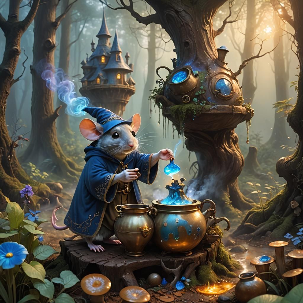 Wizard Mouse Potion Brewing in Misty Forest