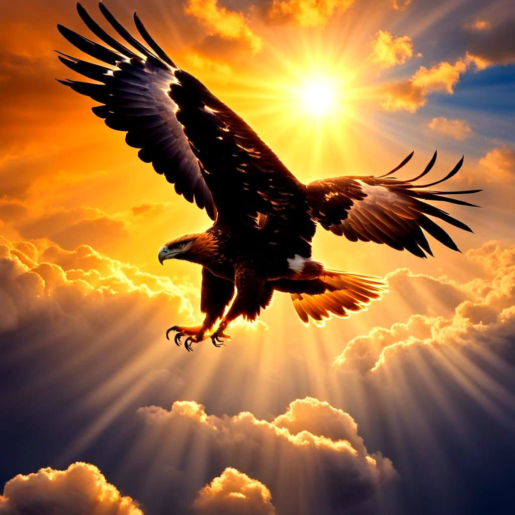 Golden Eagle Flying Towards the Sun