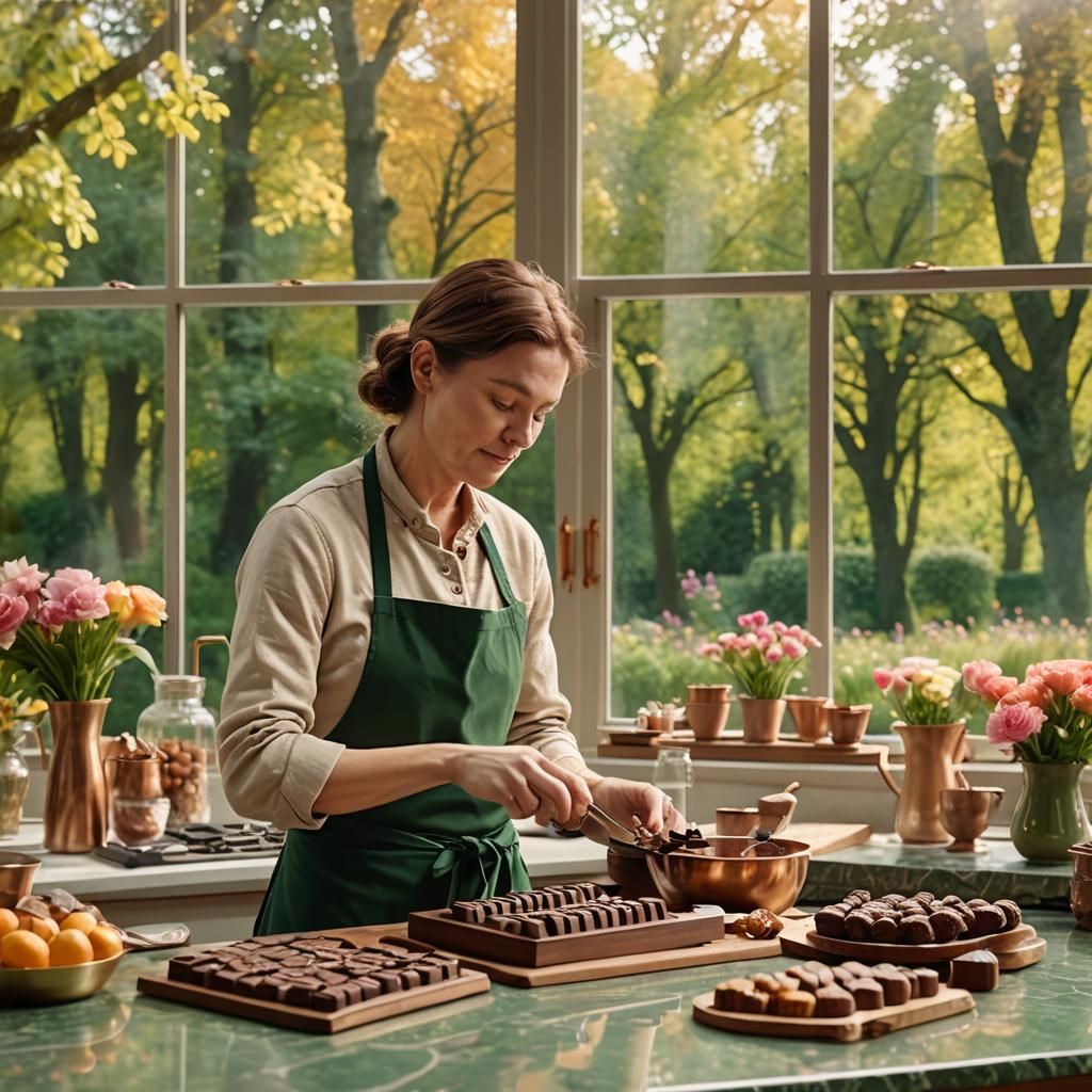 Chocolatier Creating Pralines in Rustic Kitchen
