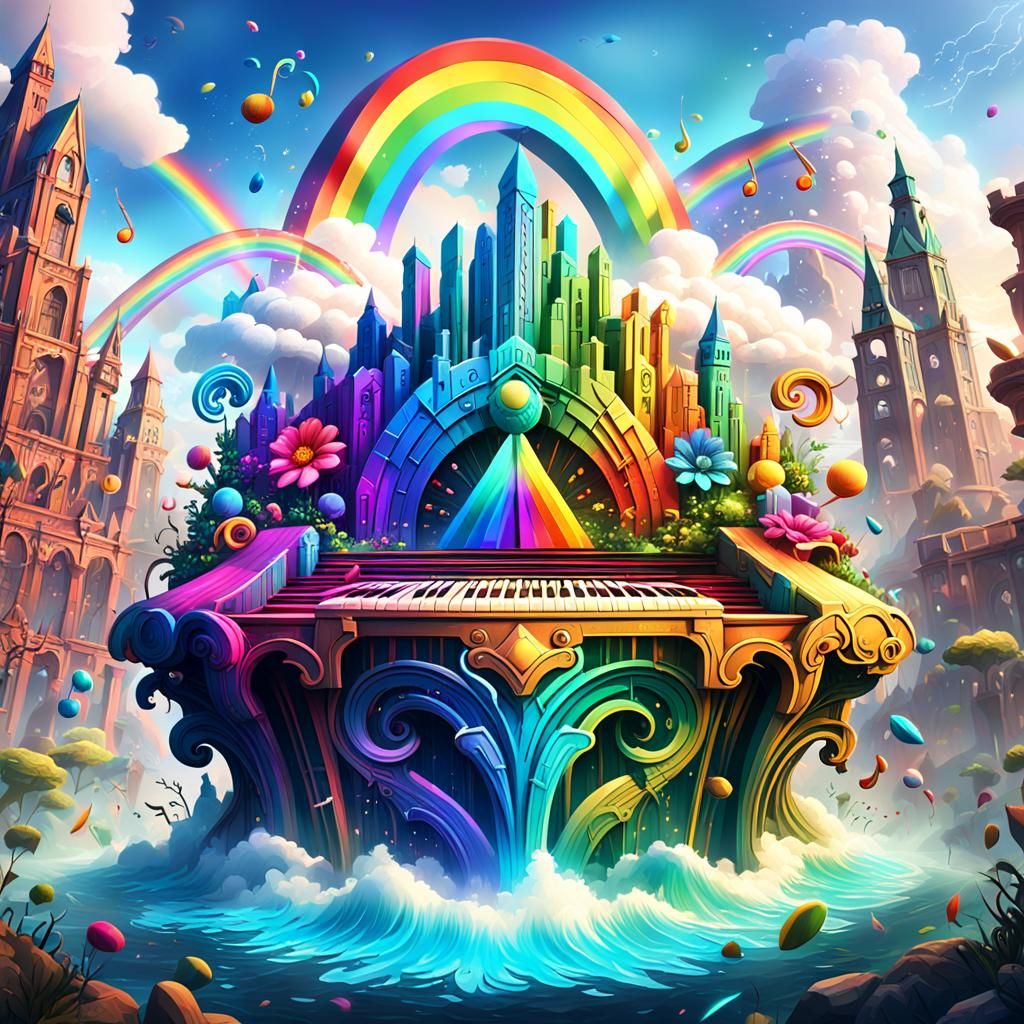 Rainbow Music Icons in Detailed Matte Painting