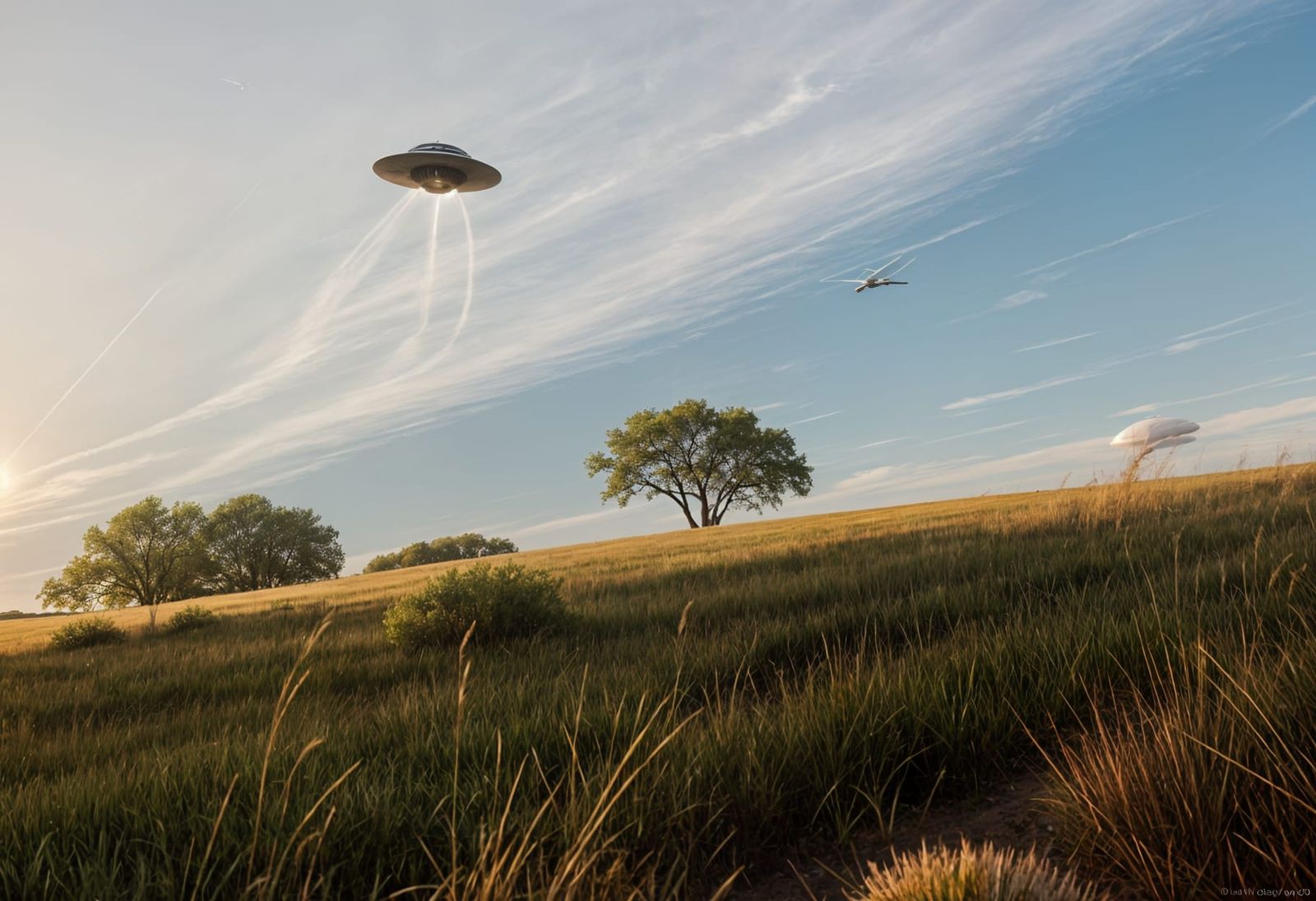Flying Saucer Over Open Prairie Landscape