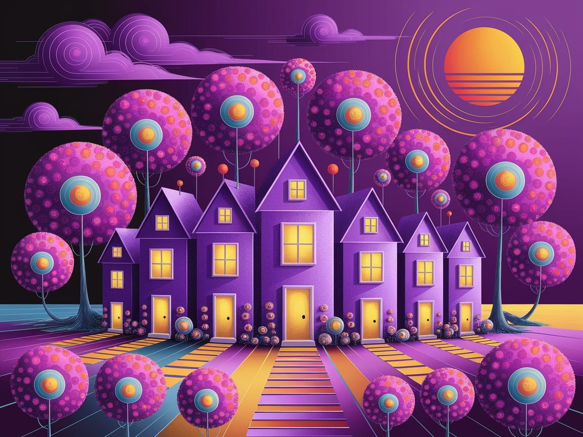 Whimsical Purple Houses in Impressionist Style