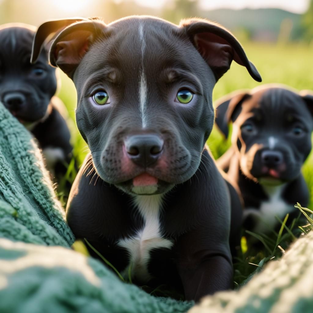 Adorable Pitbull Puppies Playing in Sunny Meadow