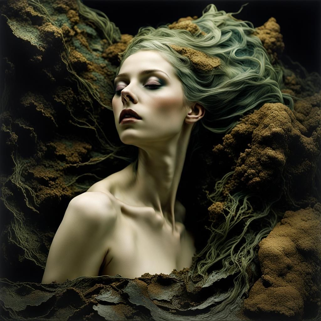 Ceramic Woman with Seaweed in Art Brut Style