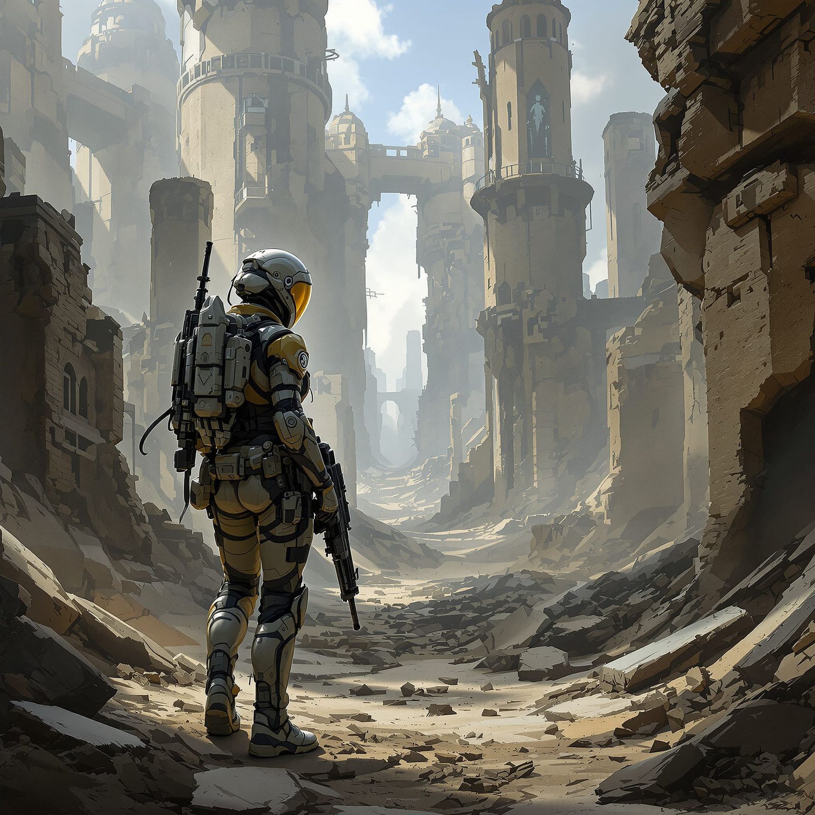 Female Sci-Fi Soldier in Alien City Ruins