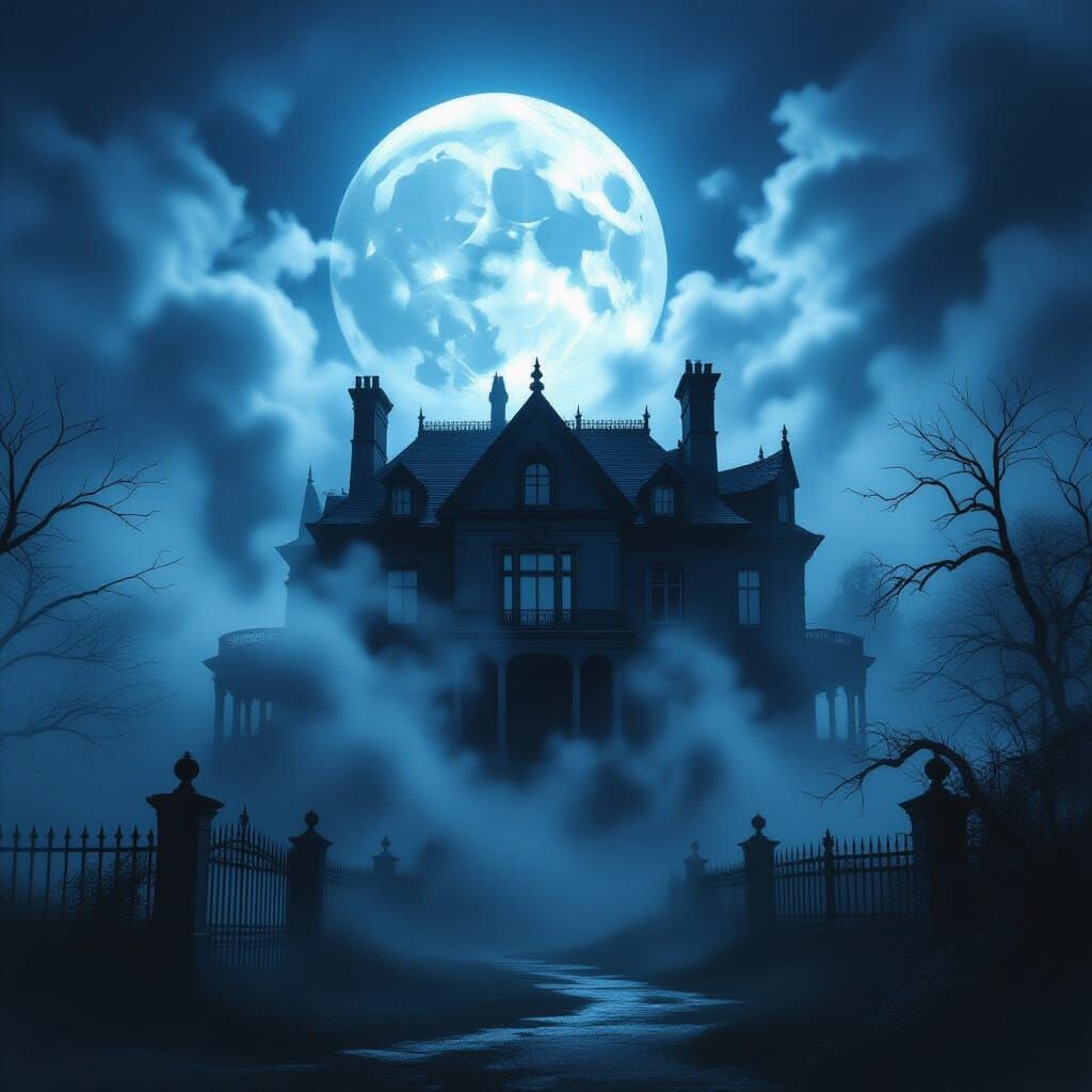 Eerie Manor House Silhouetted Under Full Moon
