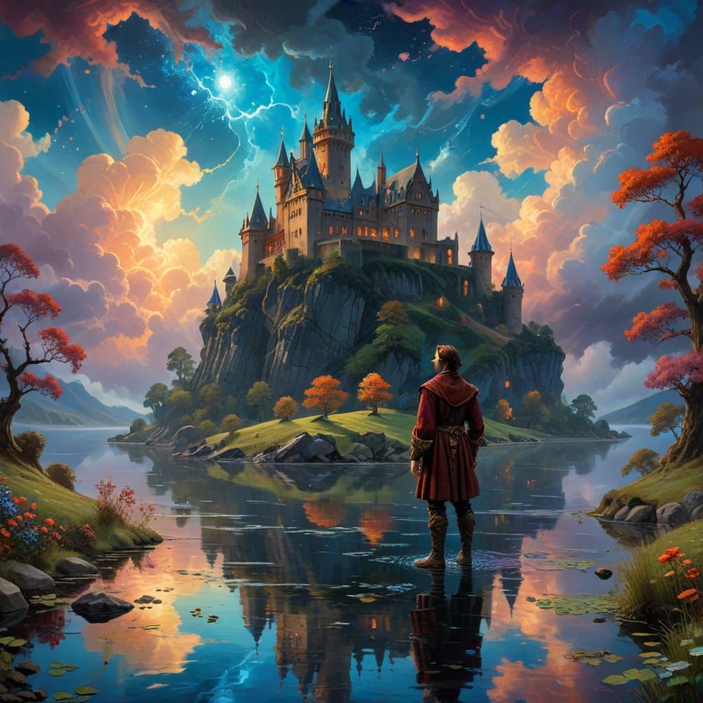 Shakespeare Gazing at Bioluminescent Castle: Oil Painting