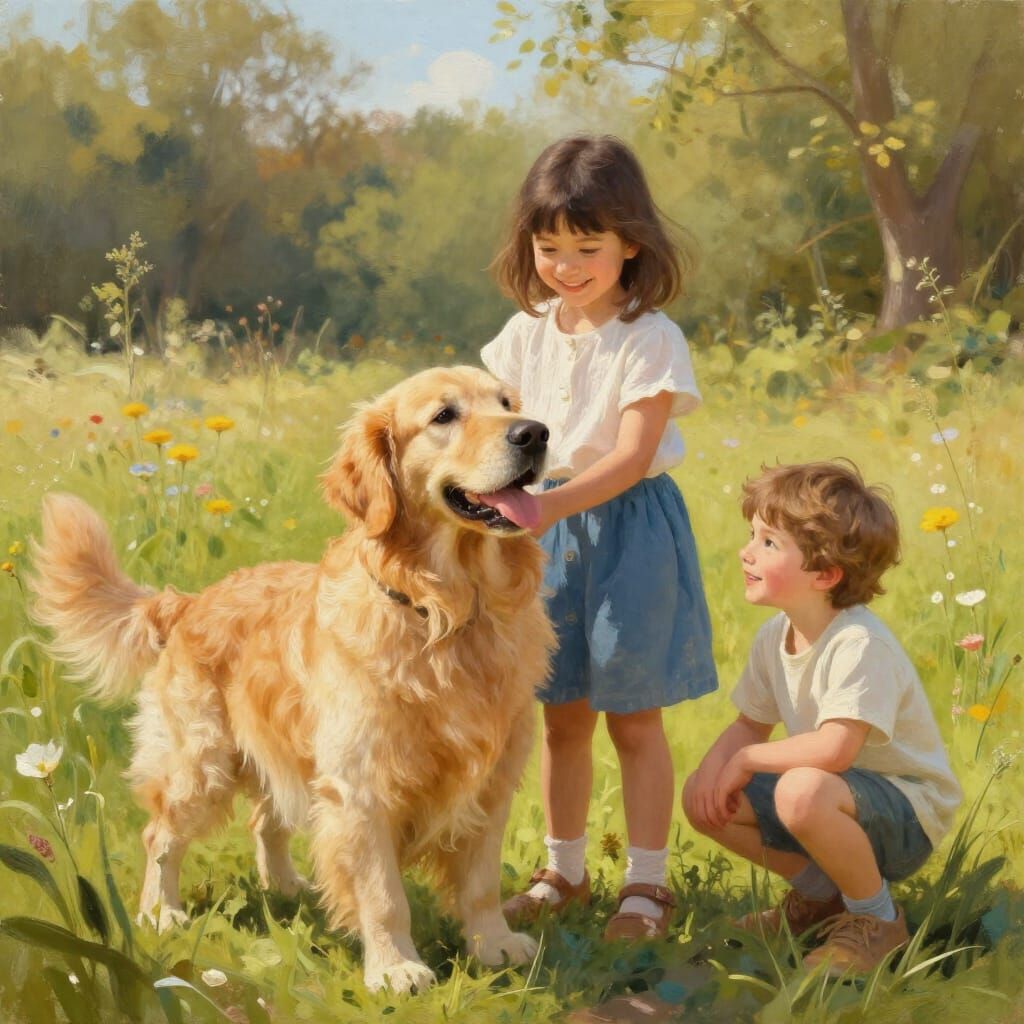 Une fille joue avec son chien et son frère