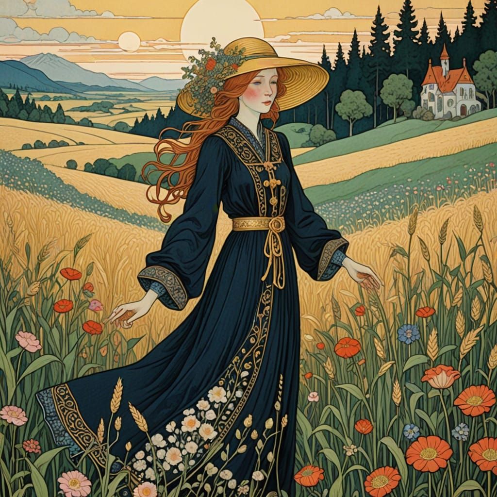 Woman in Field of Flowers with Folk Art Whimsy