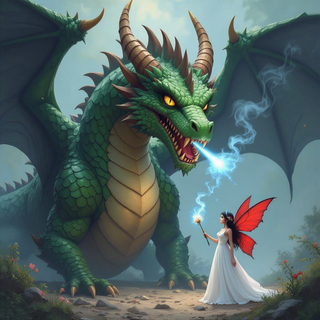 Green Dragon Confronts Fairy: Fantasy Illustration