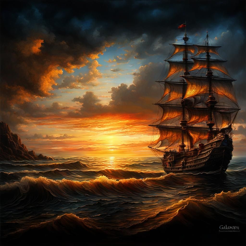 Sunset Seascape with Galleon in Detailed Matte Painting