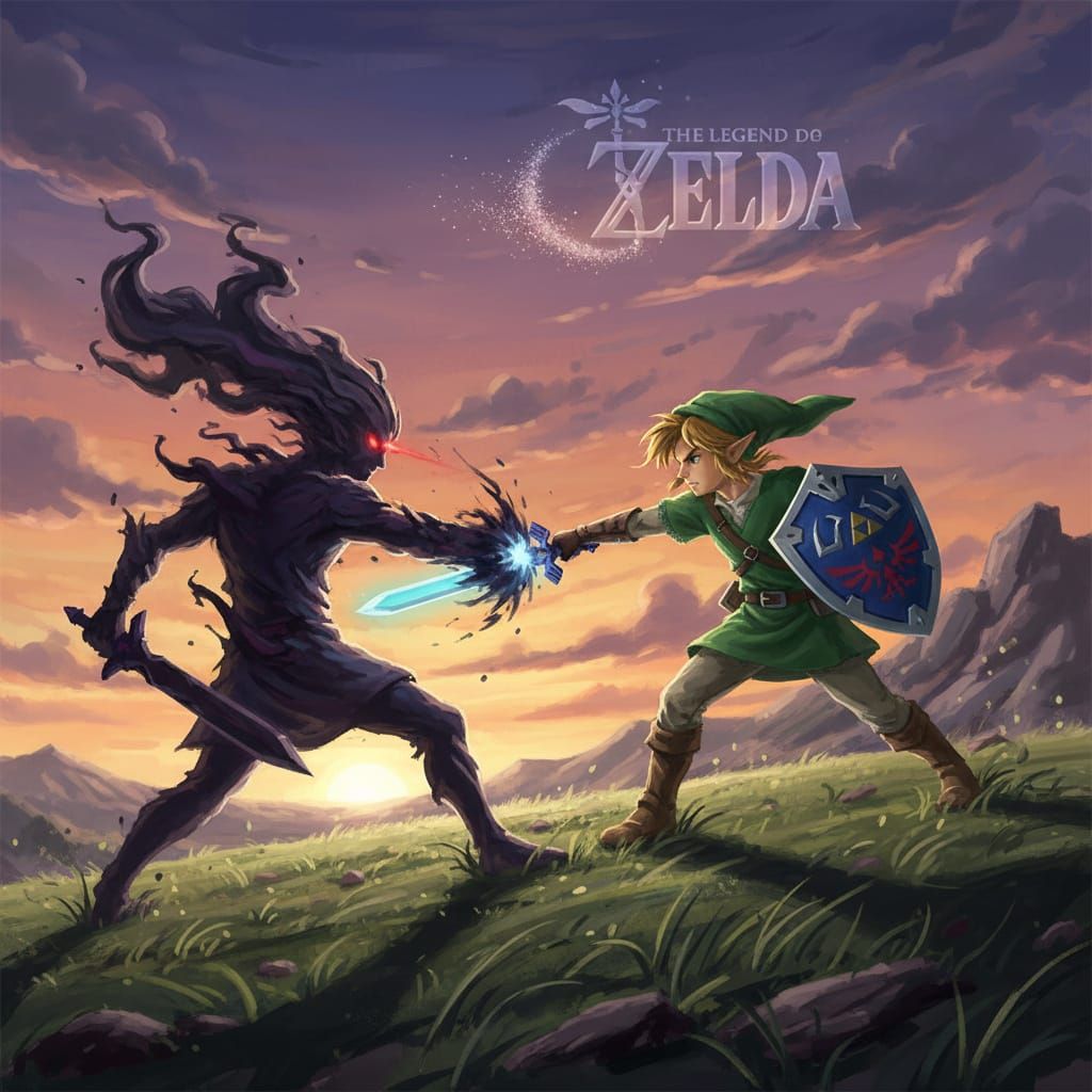 Link Battles Shadow in Dramatic Twilight Landscape