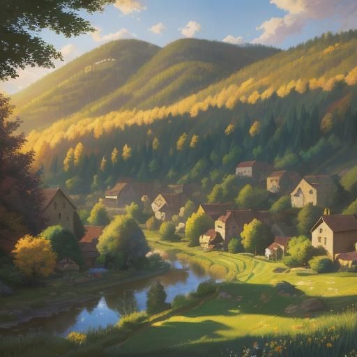 Impressionist Village Scene at Golden Hour