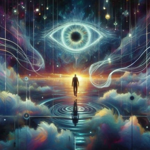 Surreal Figure Rises from Ocean of Mirrors, Transcendent Tru...