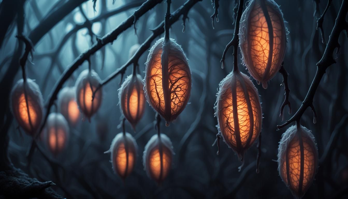 Hyperrealistic Sporocystian Cocoons in a Neon Mist