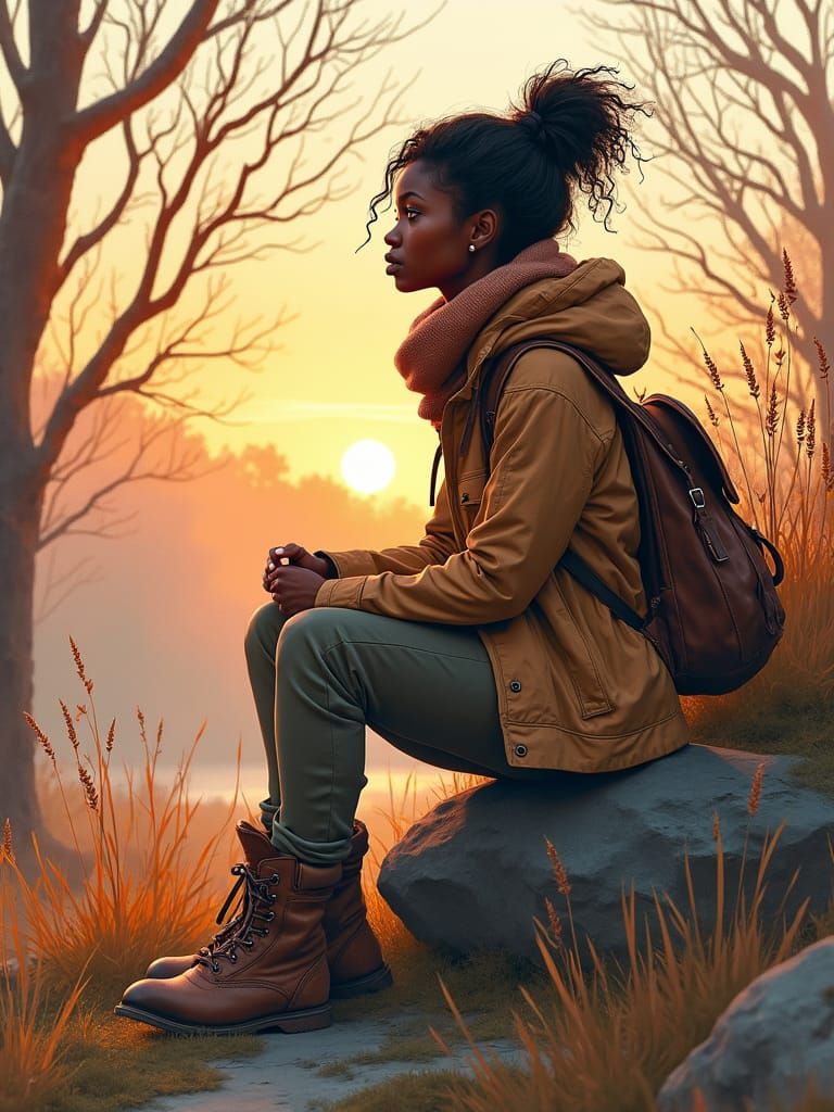 Young Woman Contemplates Nature in Watercolor Painting