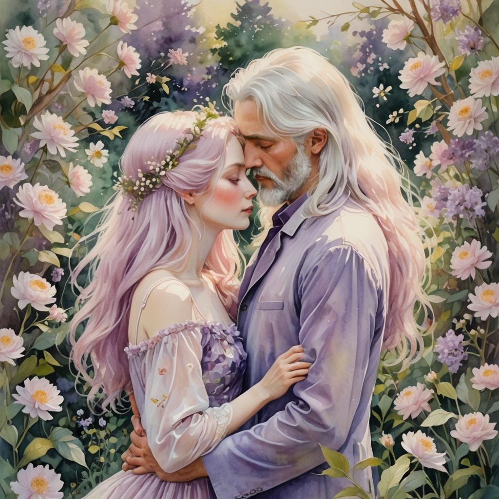 Ethereal Garden Embrace in Art Nouveau Style