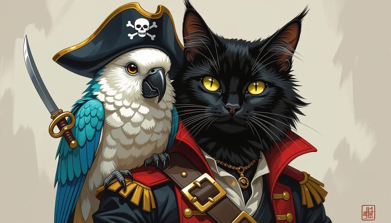 Pirate Parrot Perched on Feline Hybrid, Psychedelic Art