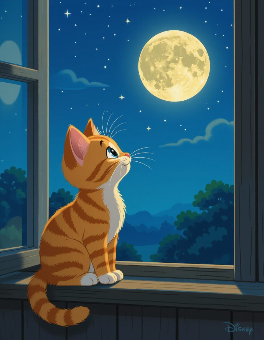 Cute Kitten Gazes at Full Moon in Disney Style