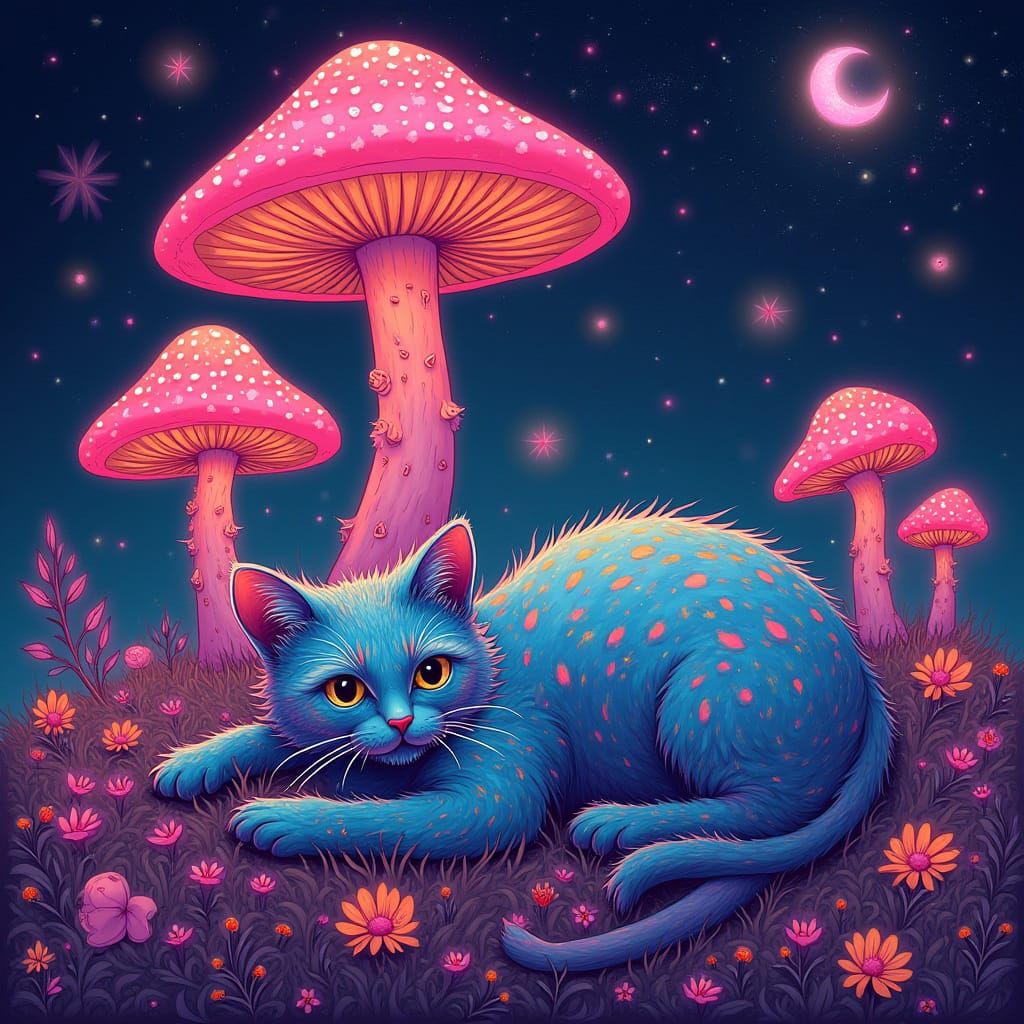 Whimsical Cat in Vibrant, Psychedelic Landscape