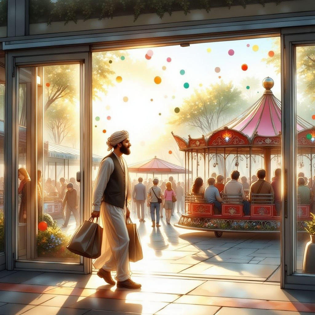 A Muslim Man Walks Towards a Vibrant Train Ride Scene
