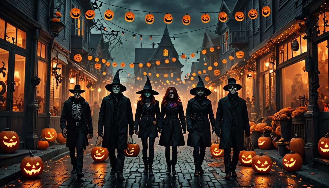 Halloween Characters on Decorated Street in Digital Art