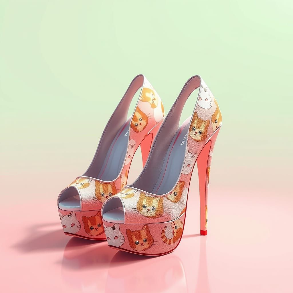 Sleek Platform Heels with Adorable Cat Patterns in Vibrant A...