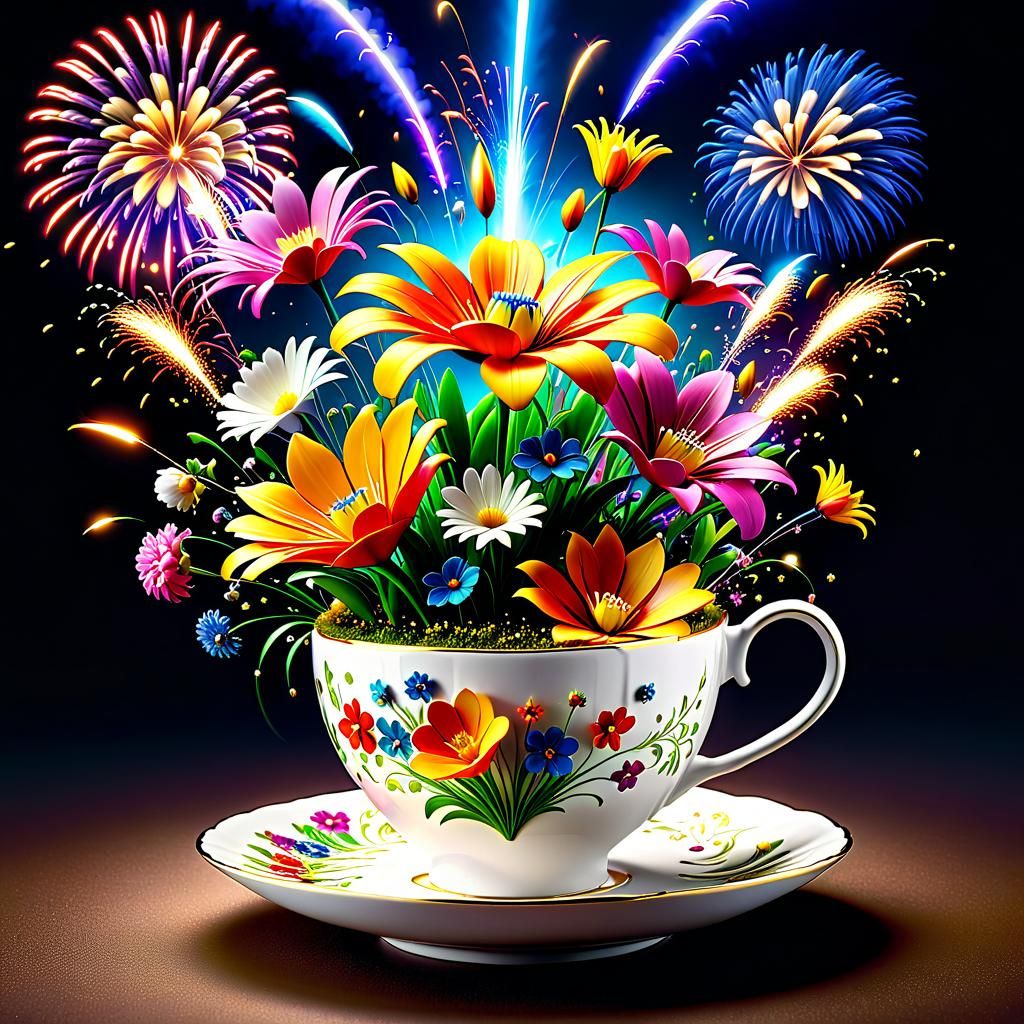 Explosive Fireworks Teacup with Glowing Flowers