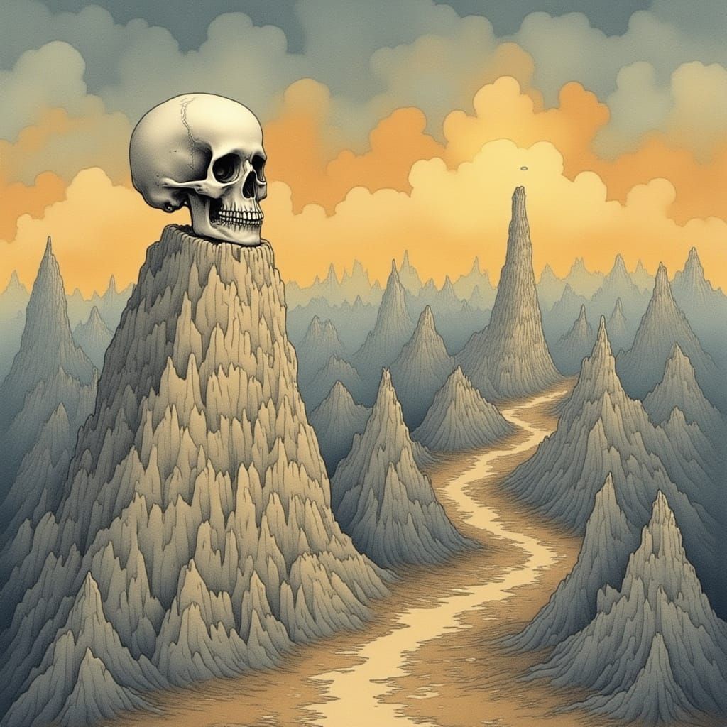 Surreal Paper Landscape with Giant Skull