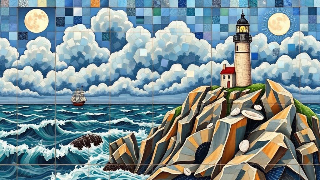 Mosaic Lighthouse on Cliff Under Stormy Sky