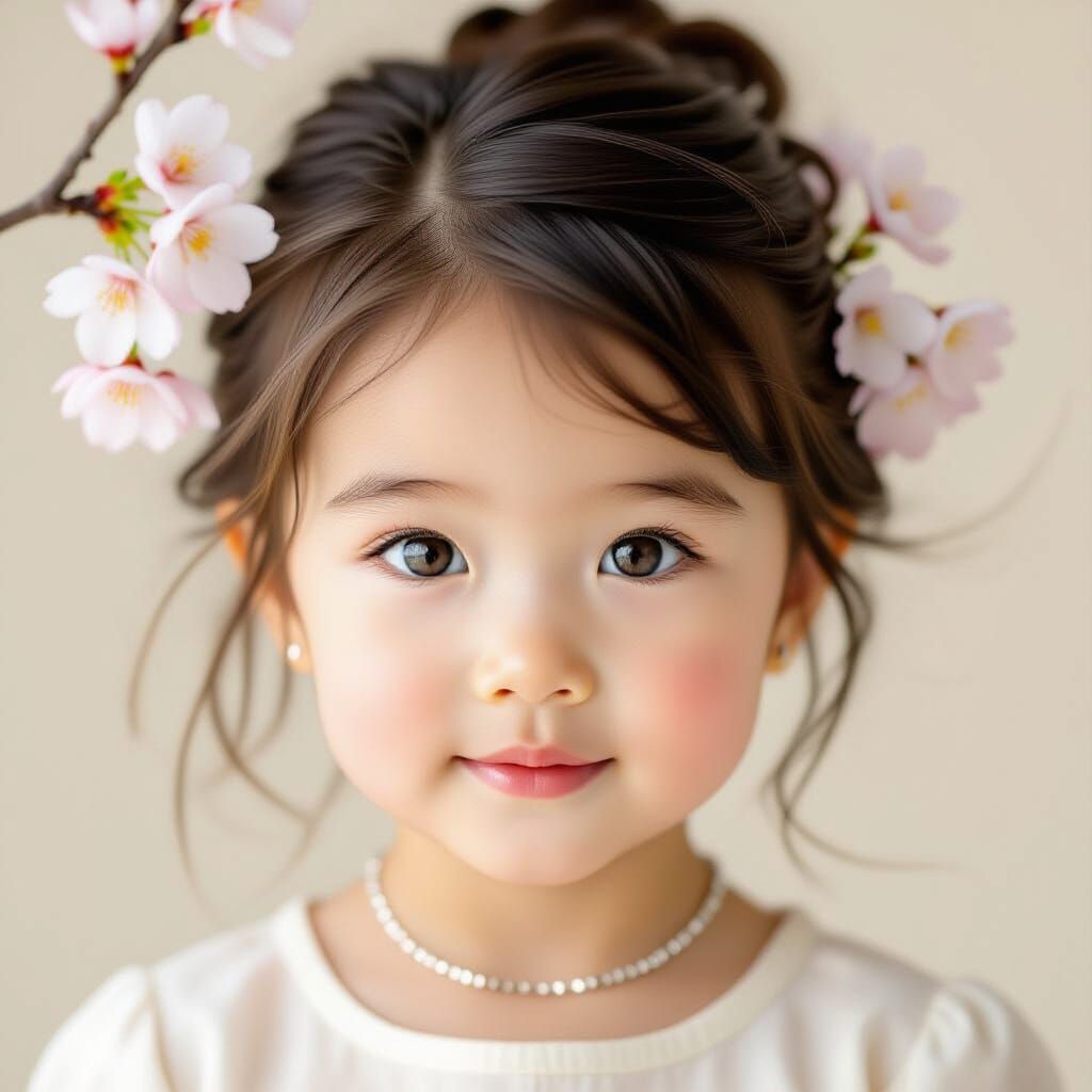 Serene Japanese Baby Girl Portrait with Cherry Blossom