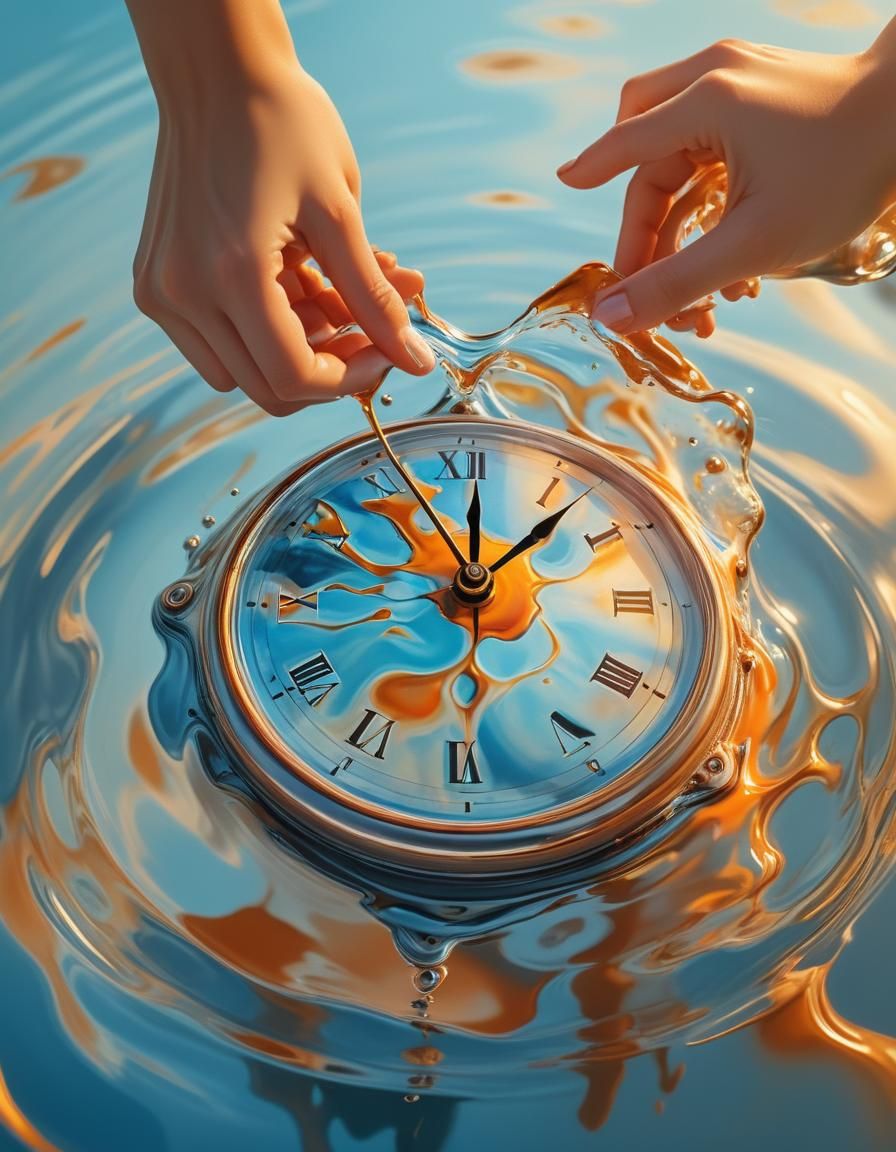 Surreal Melting Clock in Hand, Dreamlike Close-up