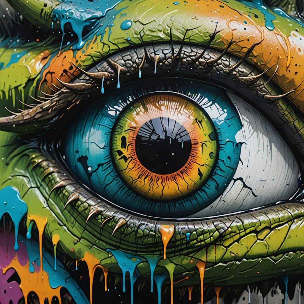 Hopeful Dinosaur Eye in Graffiti Splash Art