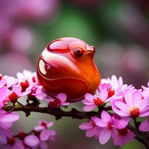 Red Robotic Snail On A Cherry Blossom Branch