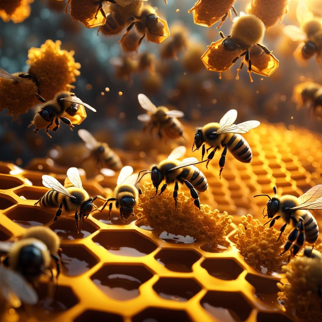 Bees and Honeycomb in Detailed Matte Painting