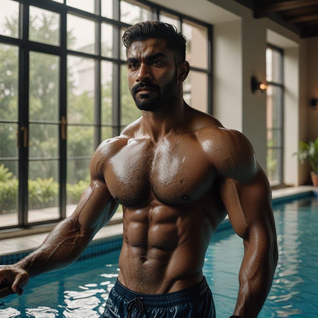 Muscular Bodybuilder Admires Reflection in Indoor Pool