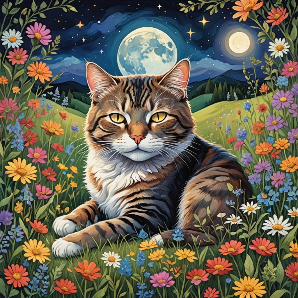Cat Sleeping Under Moonlit Sky: Vibrant Illustration